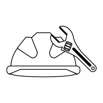 Safety helmet construction engineer and monkey wrench in black and white Stock Illustration