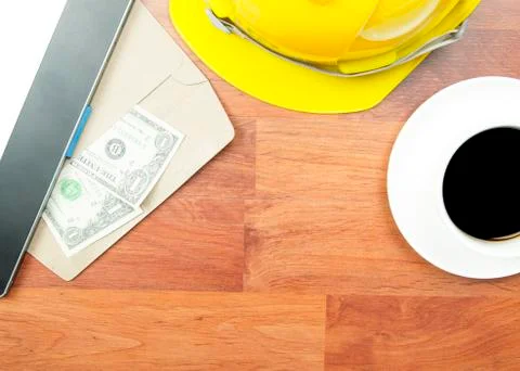 Safety helmet on work table background Stock Photos
