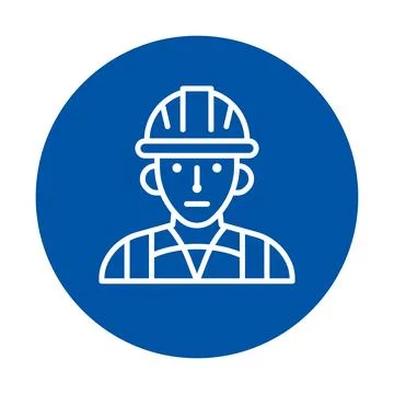 Safety Icon of Construction Worker with Helmet in Blue Circle Background Illustrazione stock