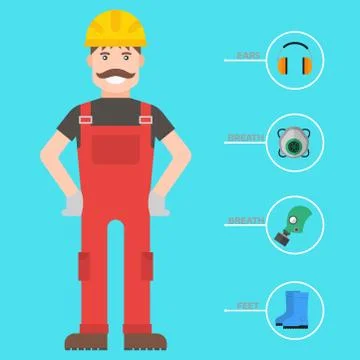 Safety industrial man gear tools flat vector illustration body protection worker Stock Illustration