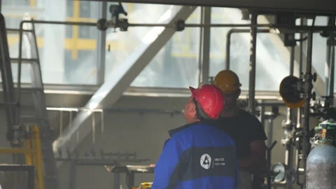 Safety inspector with taskmaster examines plant construction Stock Footage 221166502