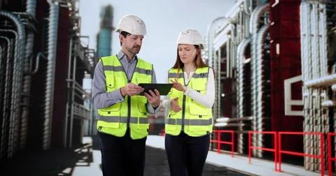 Safety inspectors using tablet computer during inspection 스톡 사진