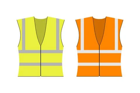 Safety jacket security. Set of yellow and orange work uniform with reflective Stock Illustration