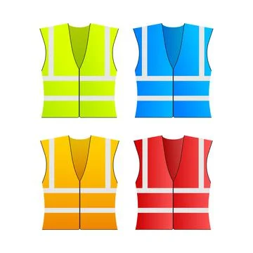 Safety jacket security. Set of yellow and orange work uniform with reflective Illustrazione stock