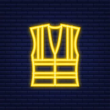 Safety jacket security. Yellow work uniform with reflective stripes. Neon icon Stock Illustration