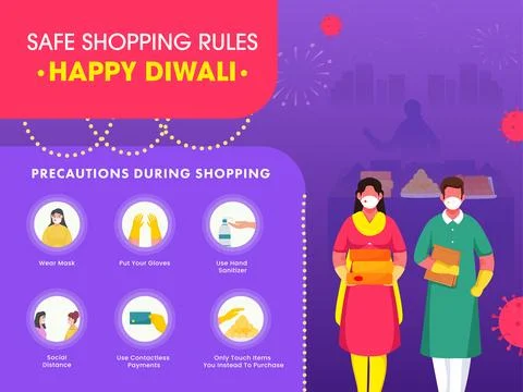 Safety measures to take care while Shopping in Diwali concept with young In.. Ilustración de archivo