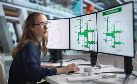 Safety Officer Using Computer To Study Fire Escape Map For Emergency Planning Foto stock