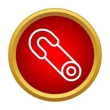 Safety pin icon on a red button with gold border Illustrazione stock