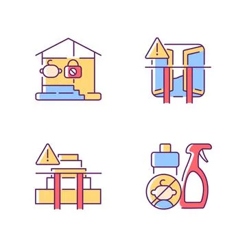 Safety precaution at home RGB color icons set Stock Illustration