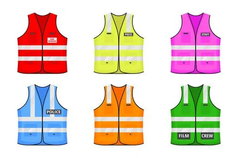 Safety reflective vest with label flat style design vector illustration set. Stock Illustration