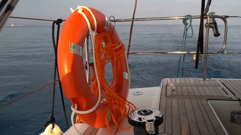 Safety ring on a deck of motoring sailing boat Video stock 120233852