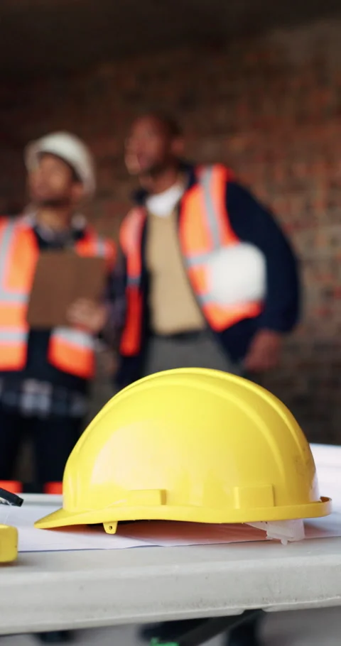 Safety, security or team with construction helmet on table for architecture or Stock Footage 336260438