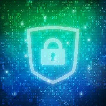 Safety shield with padlock icon computer digital data code background Illustrazione stock