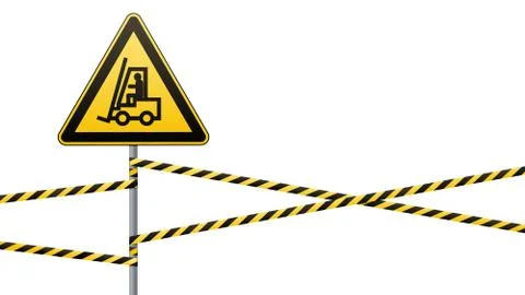 Safety sign. Caution - danger Movement of autoloader. Barrier tape. White Stock Illustration