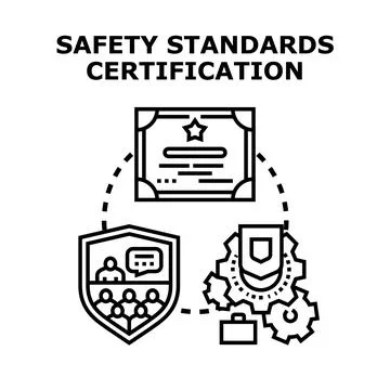 Safety standards certification process compliance approval icons Stock Illustration
