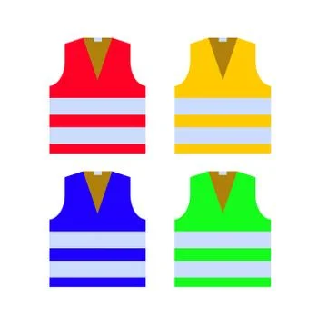 Safety vests set. Red, yellow, blue, green colors. Vector illustration. Stock Illustration
