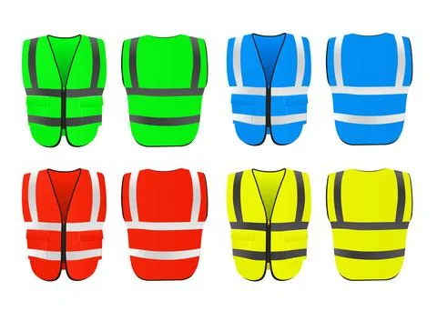 Safety vests in various colors front, back with visible fluorescent reflectors Stock Illustration