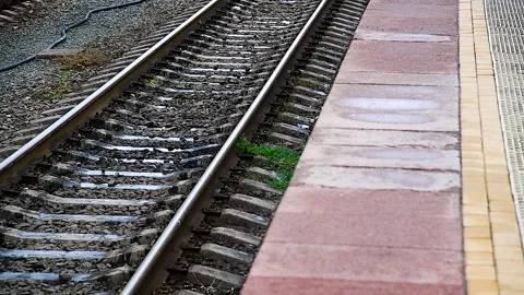 Safety warning on a railway platform Stock Footage 273197649