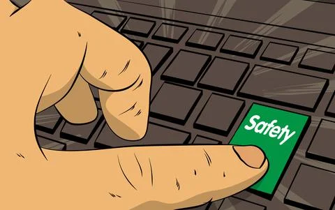 Safety word on computer keyboard. Man push keypad on laptop. Comic book style Illustrazione stock