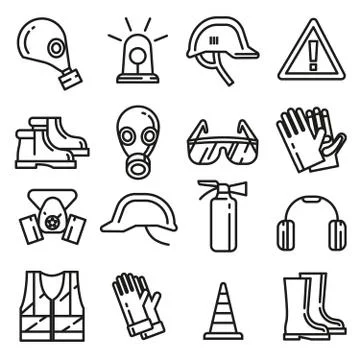 Safety work protection elements vector line thin icons set Illustrazione stock