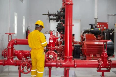 Safety worker checking the fire unit Stock-Fotos
