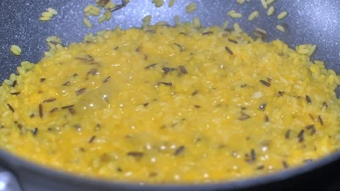 Saffron and shrimp risotto top view Stock Footage 123079294