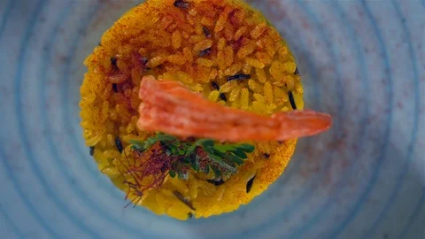 Saffron and shrimp risotto top view Stock Footage 123080048