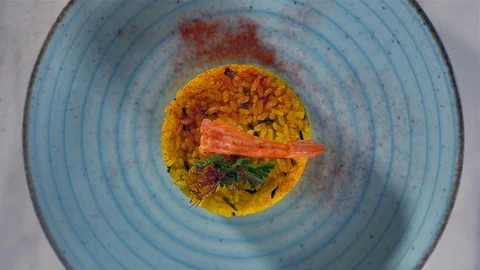 Saffron and shrimp risotto top view Stock Footage 123080484