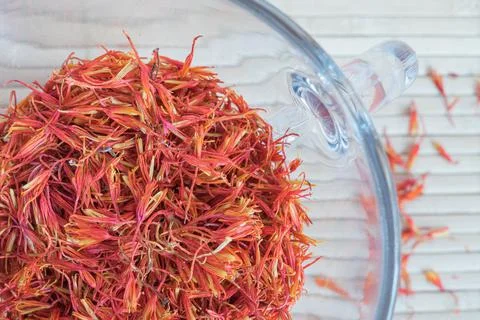 Saffron in glass cup seen up close from above crocus sativus Stock Photos
