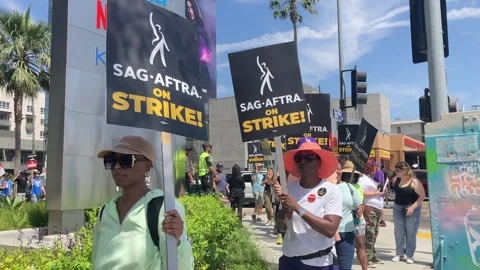 SAG Actors WGA Writers Strike Picket Netflix Studios Los Angeles Stock Footage Video stock 246608914