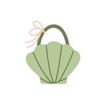 Sage green seashell-shaped beach handbag featuring a delicate pink ribbon bow Stock Illustration