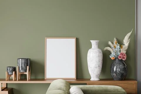A sage green wall provides a backdrop for a wooden shelf displaying a blank.. Stock Illustration