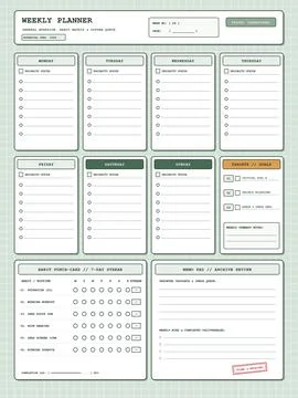 Sage green weekly planner worksheet layout with habit tracker schedule boxes Stock Illustration