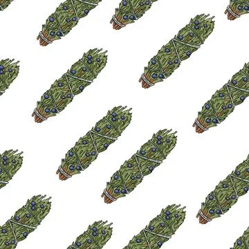 Sage smudge sticks hand-drawn boho seamless pattern. Juniper herb bundle text Stock Illustration