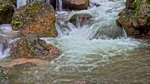 Sagittario river flows fast between rocks and woods near the Cavuto Springs Stock Footage 246036279