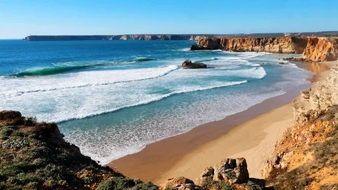 Sagres, view from top of cliffs along the coast and the beach, Algarve Stock Footage 87428224