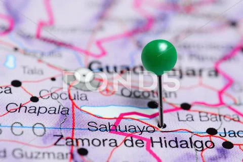 Sahuayo pinned on a map of Mexico Stock Photos