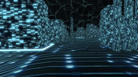 Sai-fi blue background, flying over the virtual city - electronic board with Stock Footage 143563919