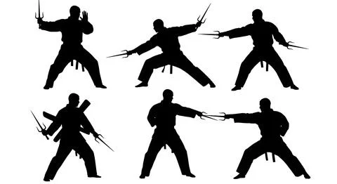 Sai Weapon Martial Arts Pose Silhouettes Stock Illustration