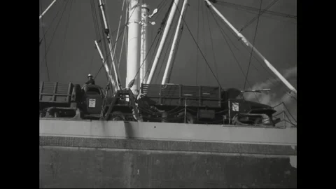 SAIGON - 1957: Lifting equipment - Crane machinery silhouettes cargo net Stock Footage 344502037