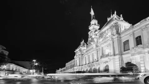 Saigon City Hall, Time lapse Night Time. black and white Timelapse Stock Footage 115957708