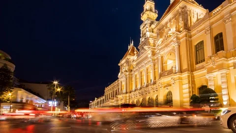 Saigon City Hall, Time-lapse Night-Time. Timelapse with Car Light Motion Blur Stock Footage 115957715