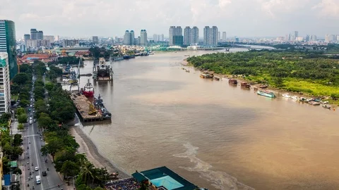 Saigon river along Ho Chi Minh City downtown, Vietnam time lapse Видео 116861944