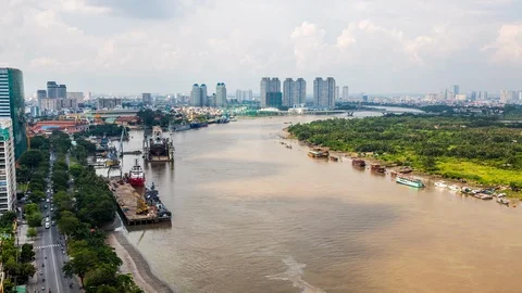 Saigon river along Ho Chi Minh City downtown, Vietnam time lapse Видео 116861953
