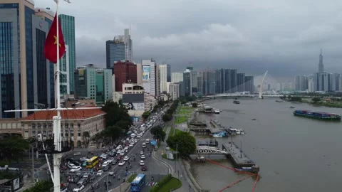 Saigon river and Ho Chi Minh City traffic aerial view, Vietnam 4K Stock Footage 254051752