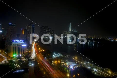 Saigon River waterfront at night Stock Photos