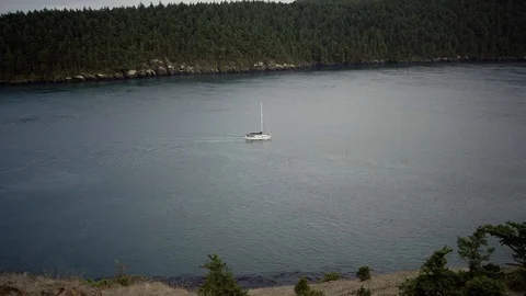 Sail Boat Floating Driving Down Water Ocean Hills View Tourism Travel Stock Footage 128917453