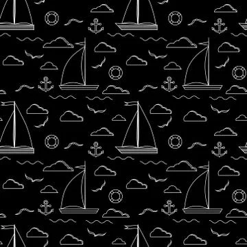 Sail boat seamless pattern in line art style. Stock Illustration