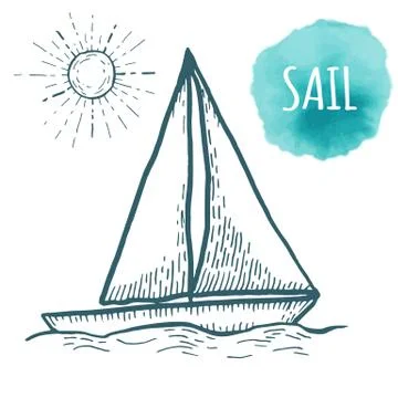 Sail drawing on white background. Hand drawn seafood illustration Illustrazione stock