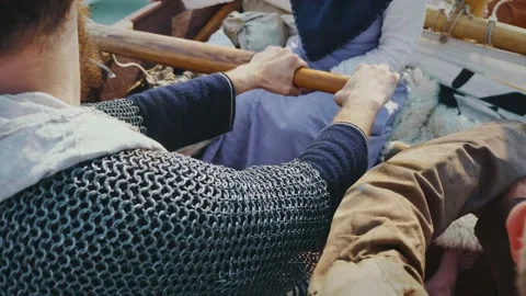 Sail on an Old Ship with a Lowered Sail on a Quiet River Medieval Reconstruction Stock Footage 163962068